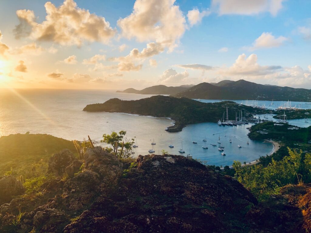 Areal view of ship bay at sunset