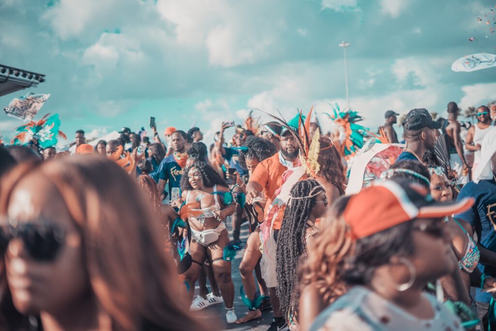 Crowd shop of people partying dressed in carnival costumes