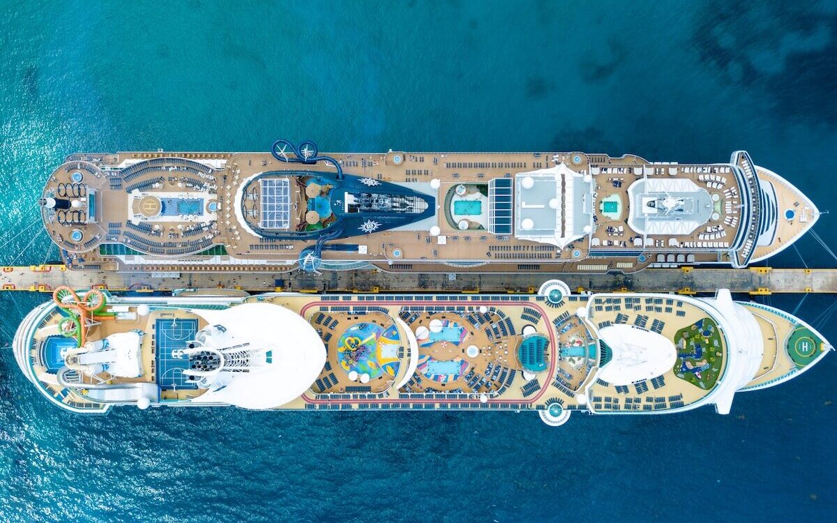 Areal view of two cruise ships tethered side by side