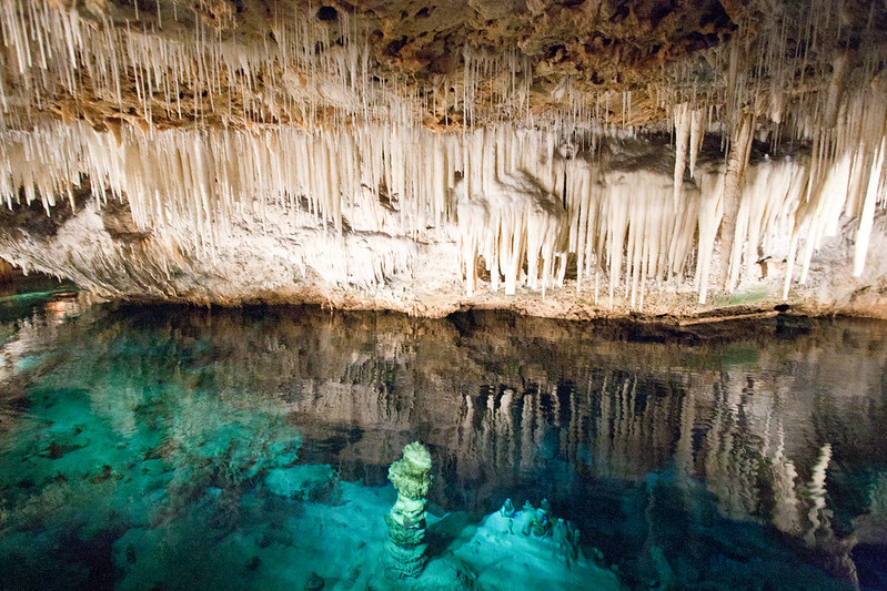 Crystal and fantasy cave with water and rocks in Bermuda
