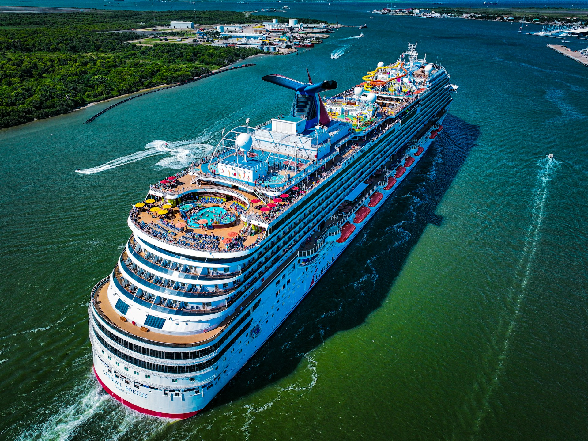 Cruise ship sailing through the water in Galveston, Texas