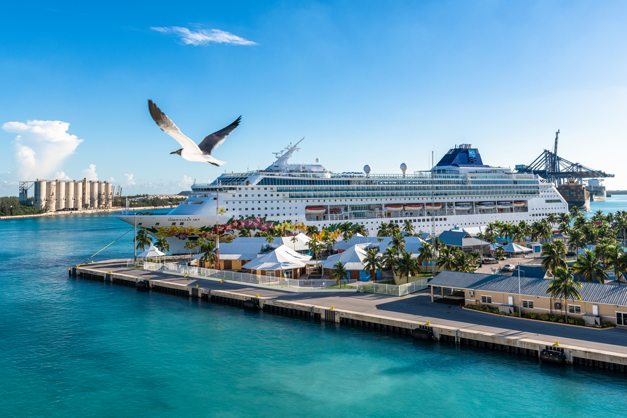 cruise ship arriving at the port in Grand Bahama island
