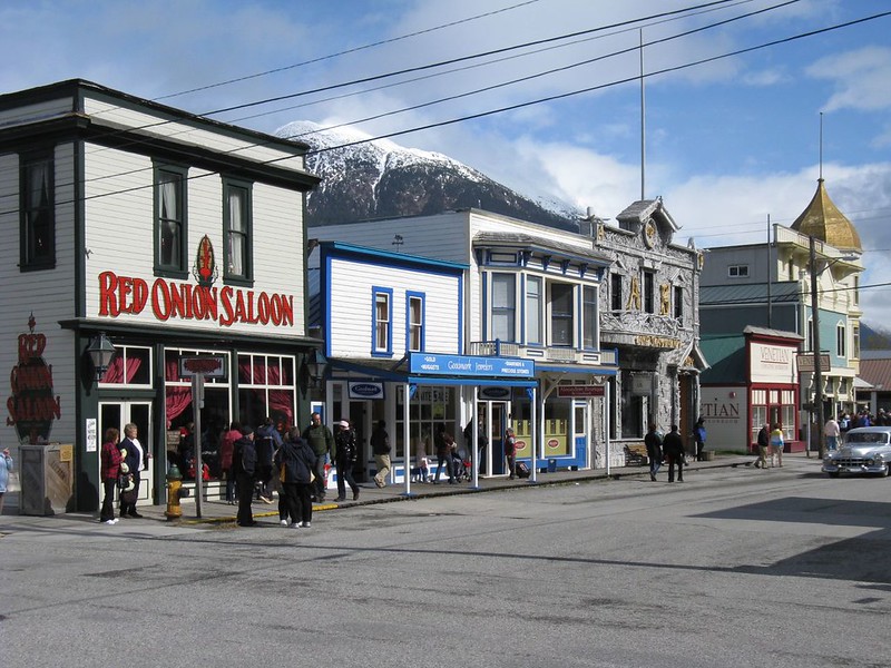 view from outside the famous red onion saloon in Skagway, Alaska