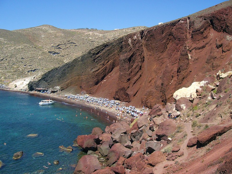 aerial view of the red beach of Santorini, Greece.