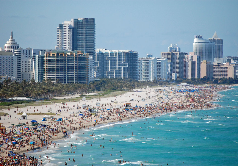 aerial view of a crowded South Beach in Miami, Florida.