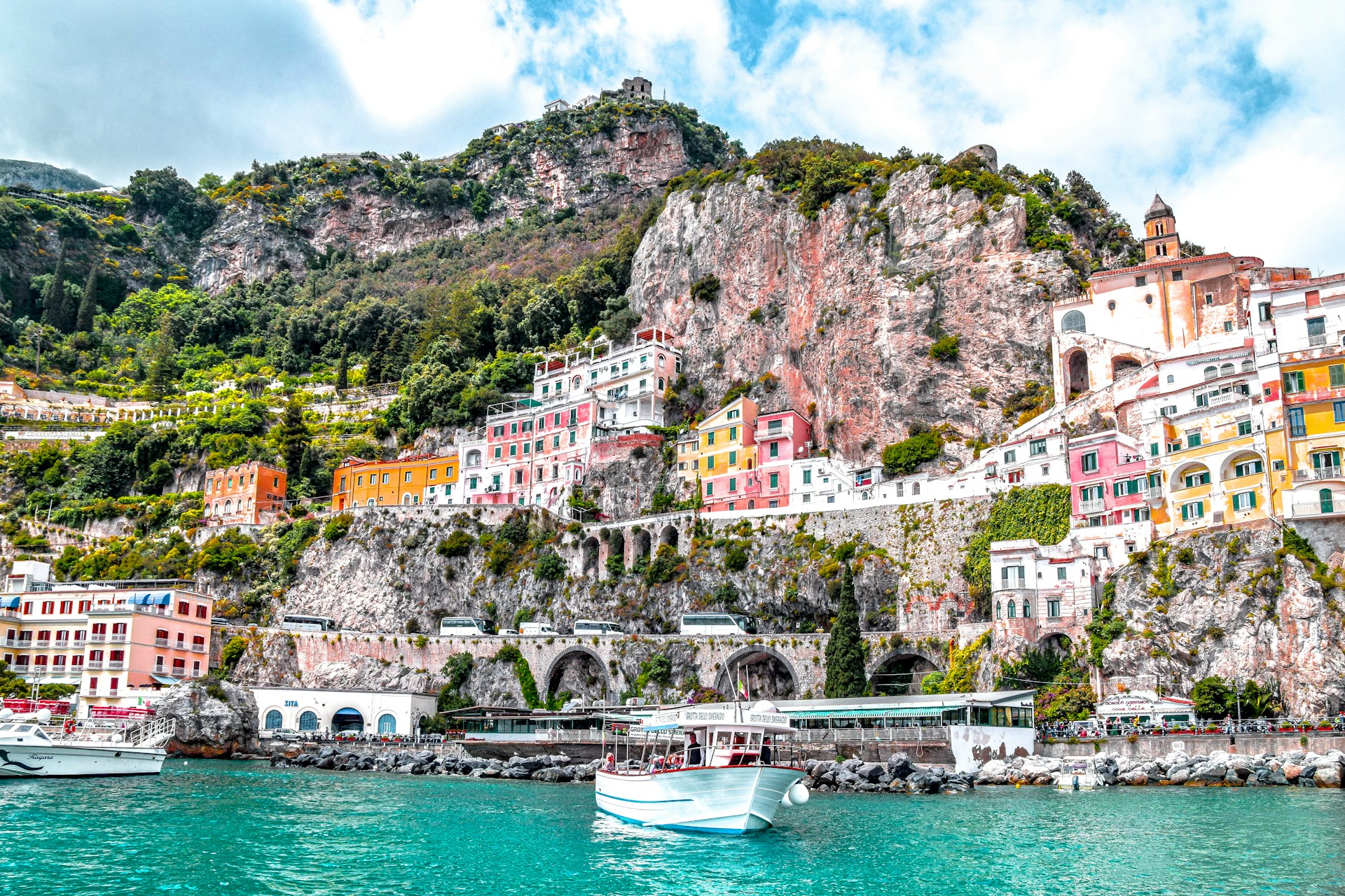 View of boats and the water in the Amalfi Coast, Italy