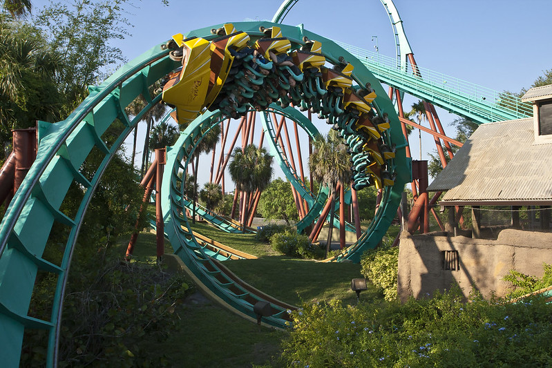 A spiral roller coaster at Busch Gardens in Tampa, Florida
