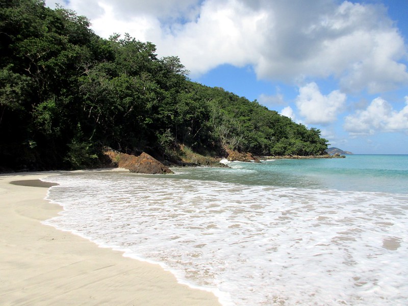 View of sand and beautiful light blue water at Magens Bay Beach in St. Thomas.