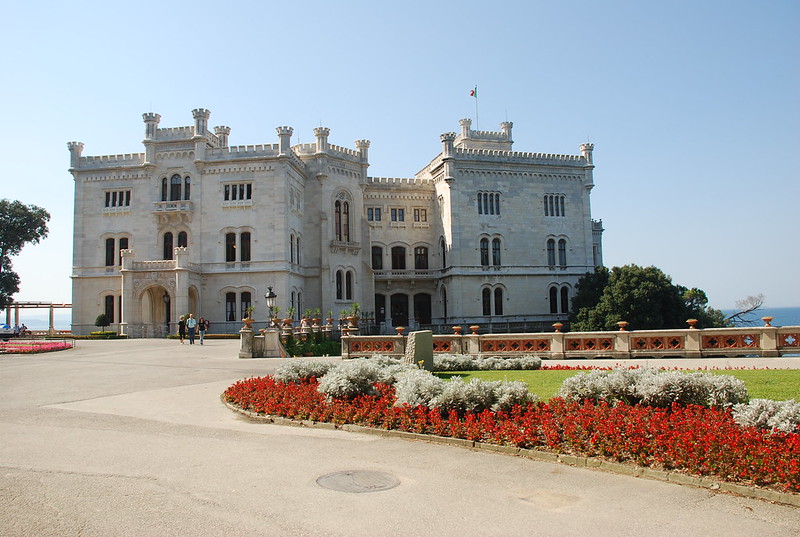 Outside the famous Miramare Castle with a beautiful garden outside and the castle in sight.