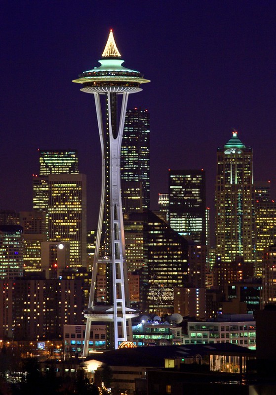 view of the infamous space needle with the city of Seattle in the background.