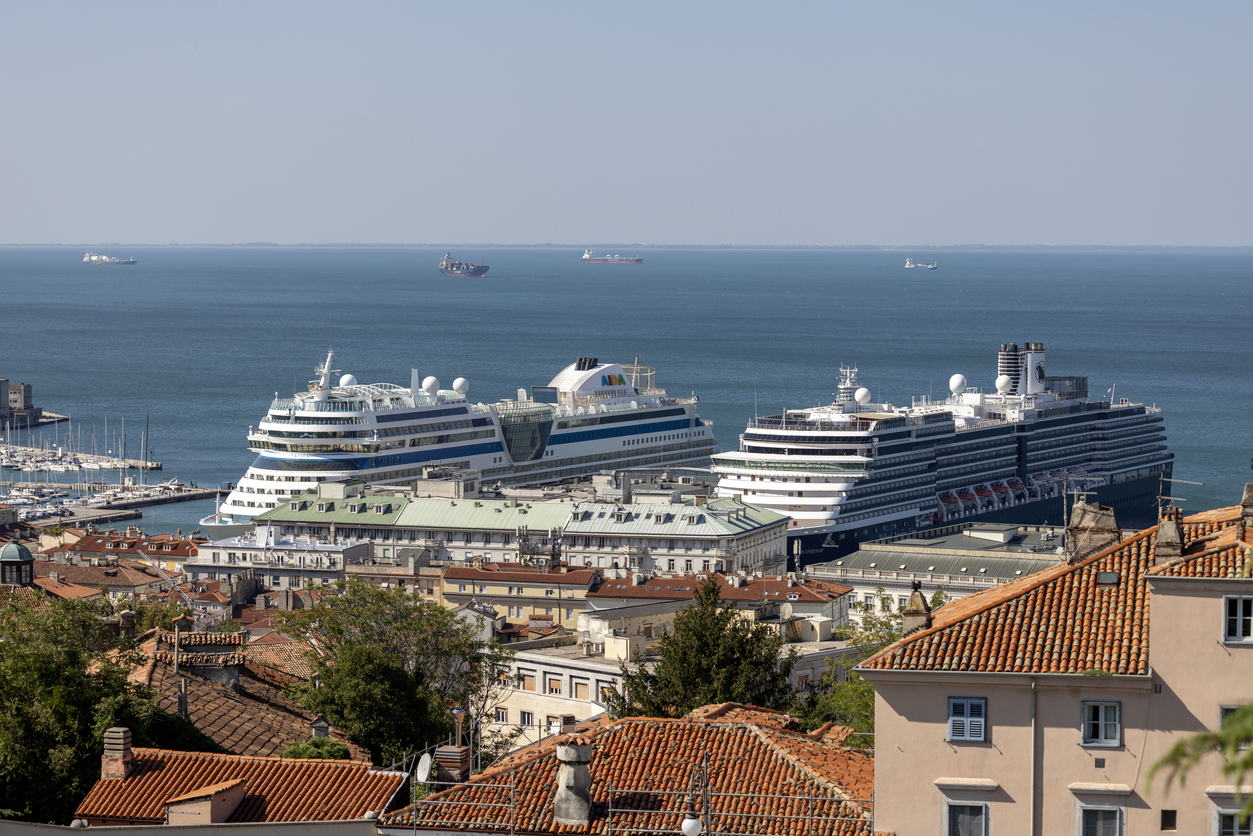 Aerial view from Trieste, Italy and port for ships. Two Large cruise ships in the ocean.