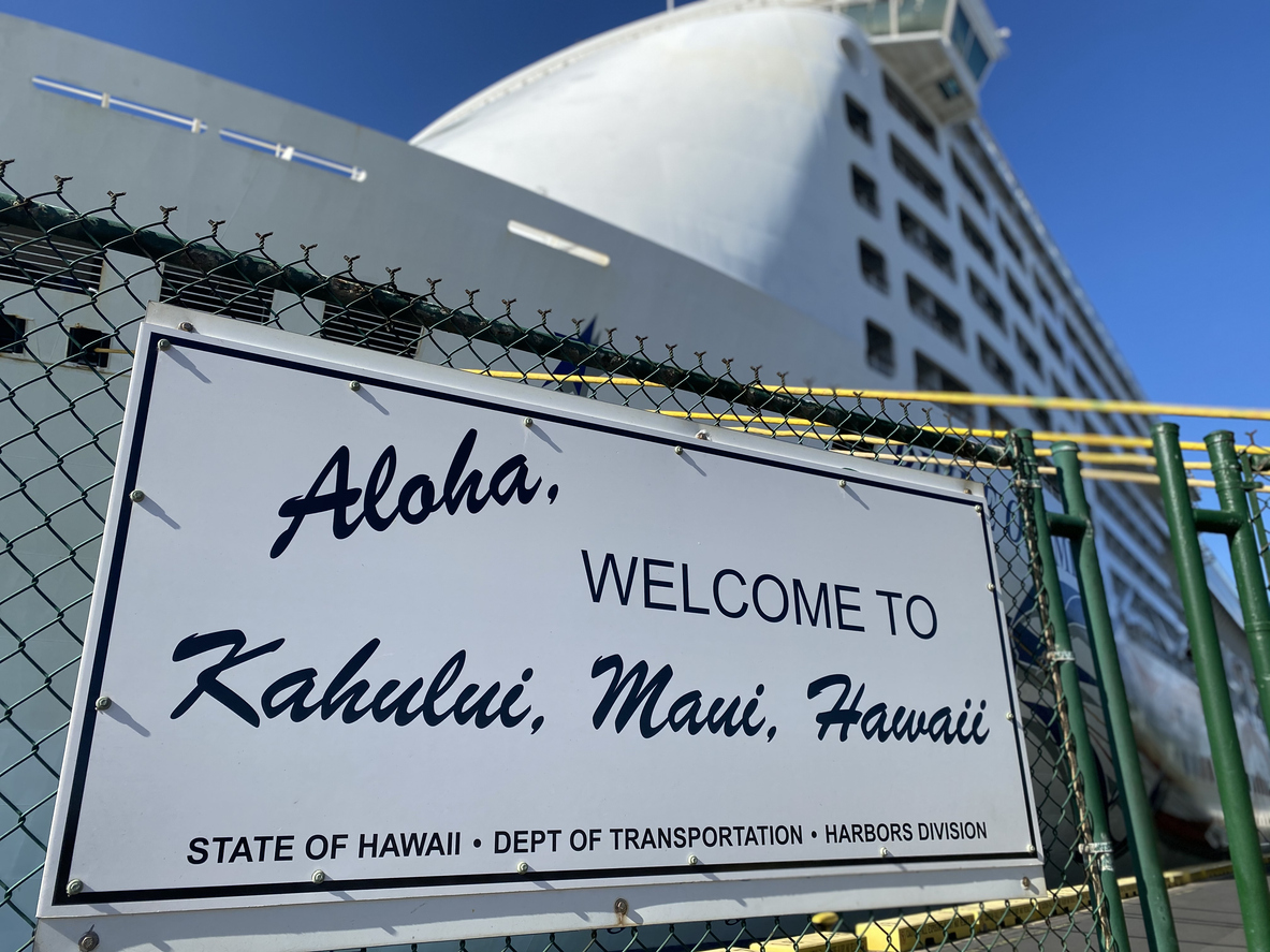 Cruise ship docks in port at Kahului, Maui, Hawaii