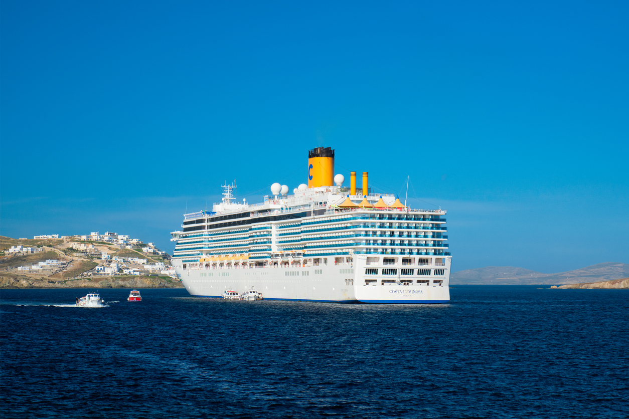 Cruise liner ship Costa Luminosa in Mediterranean sea near Mykonos island. Aegean sea, Greece