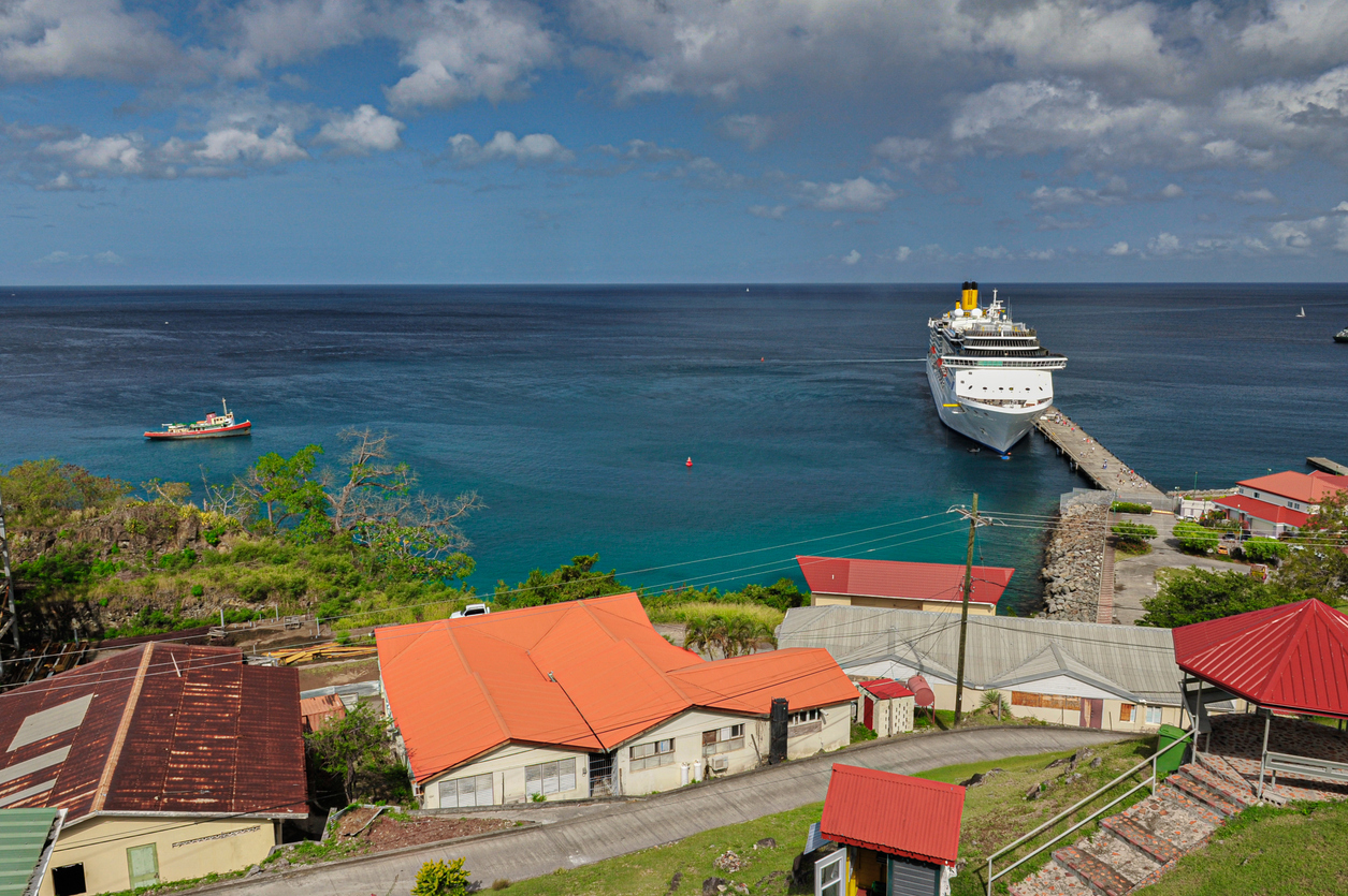 Aerial view of cruise ship docked in the Grenada cruise port. 