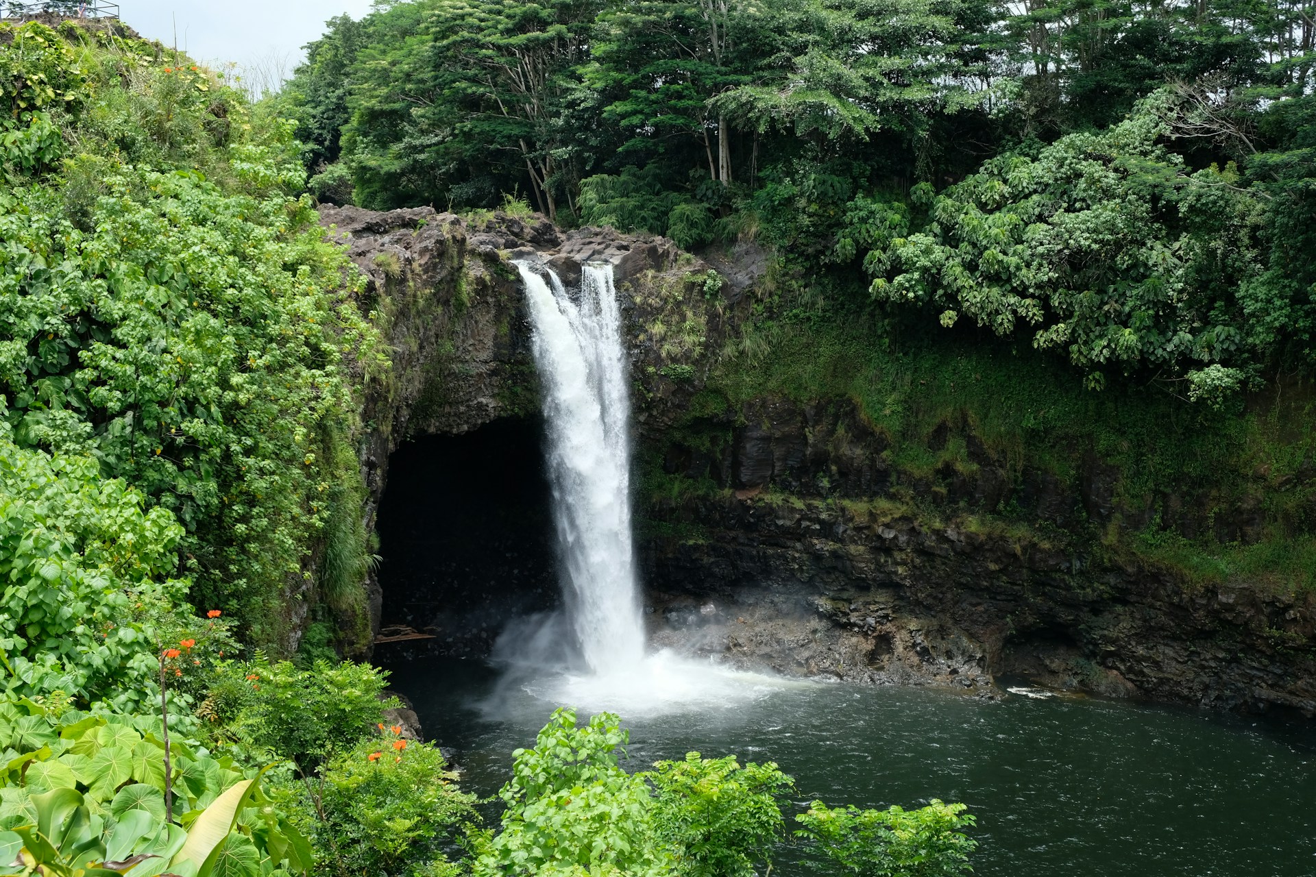 Beautiful waterfall with the jungle background at Rainbow Falls, HI
